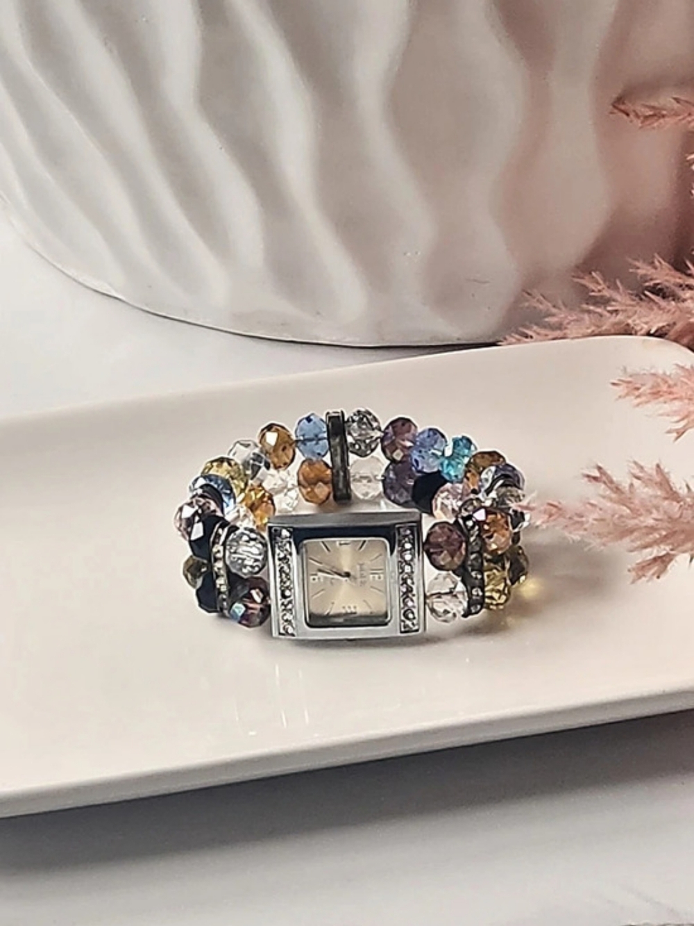 BOER Beaded Crystal Accent Watch in Silver & Multicolor Like New